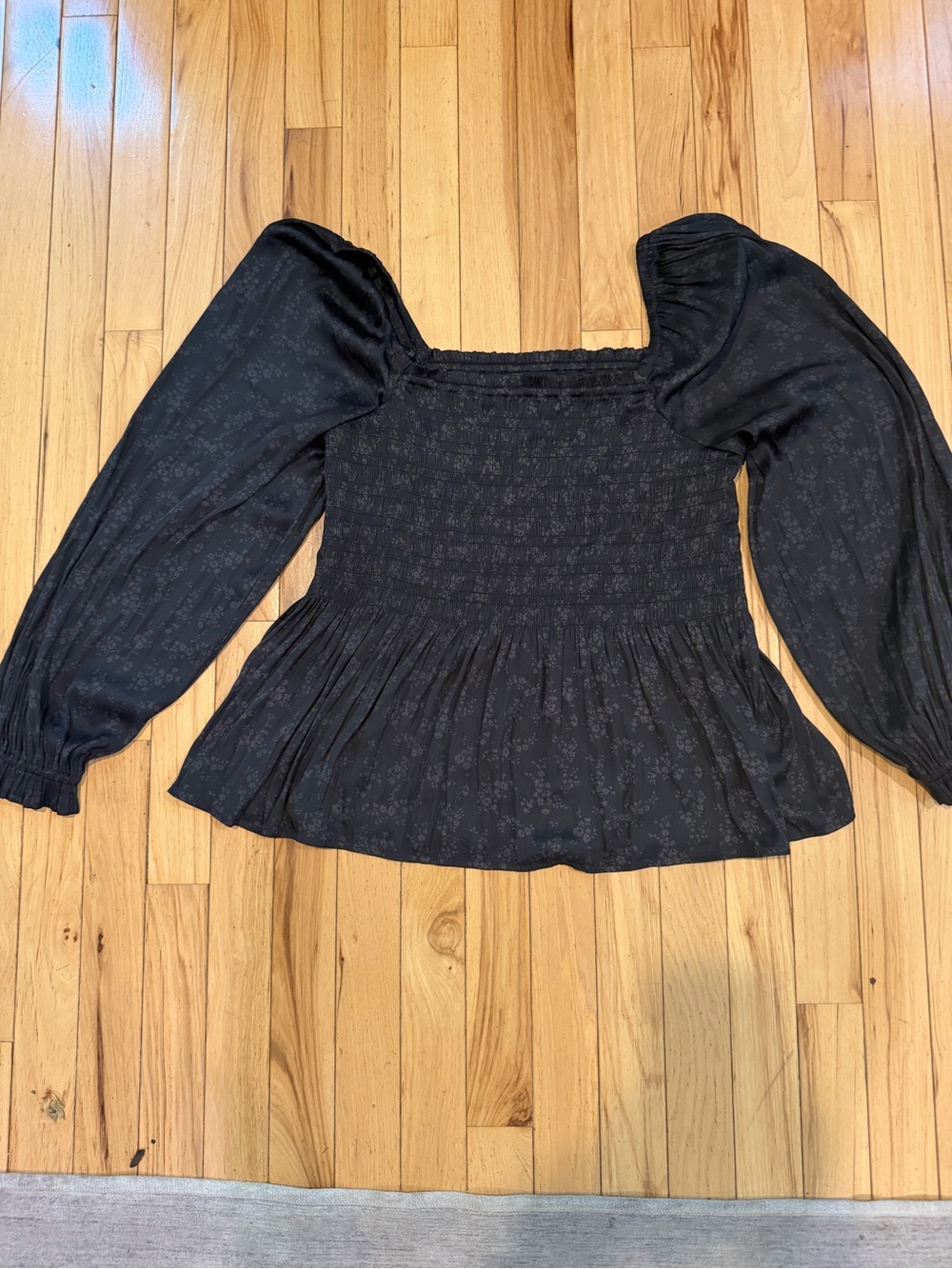 GAP Black Smocked Peplum Blouse with Puff Sleeves